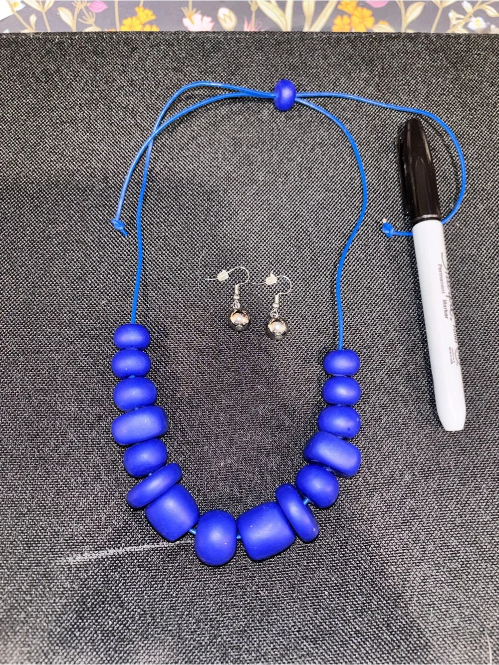 Bold Blue Beaded Statement Necklace with Matching Drop Earrings